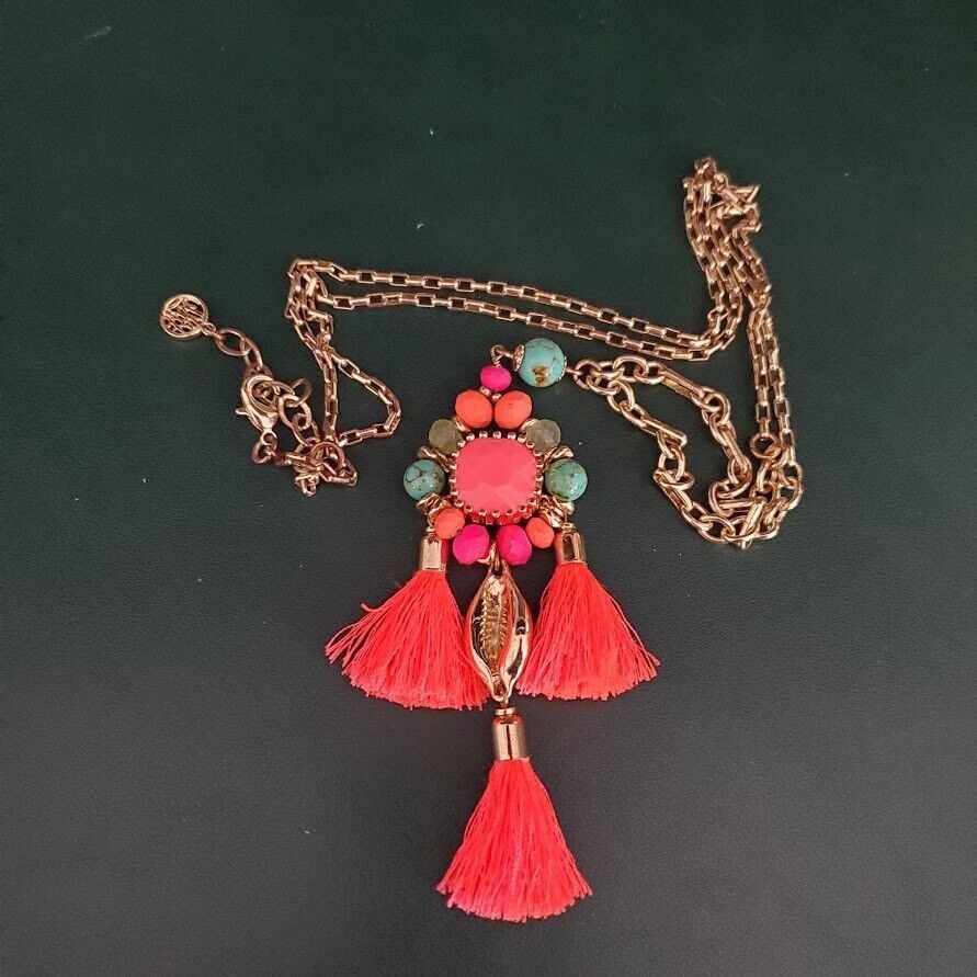 Lilly Pulitzer Sunset Boho Beach Gold Tone Statement Necklace Pink Tassels
